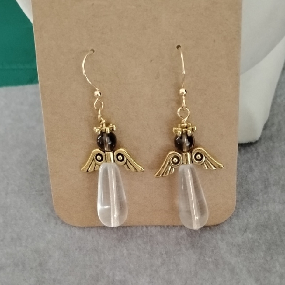 Hand Crafted Czech Glass And Smokey Quartz Golden Angel Earrings